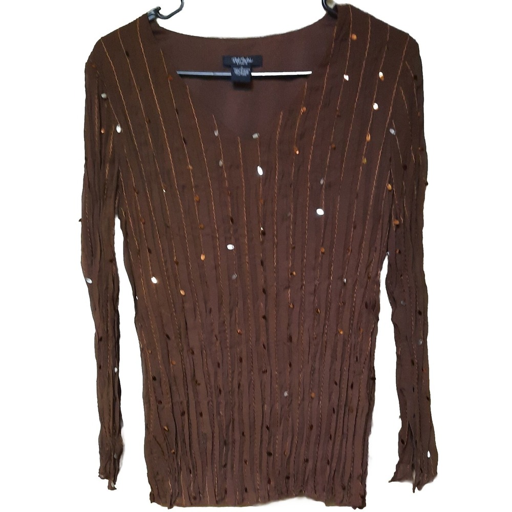 Bob Mackie Womens Sequined Detail Crinkle Blouse  Brown Size Small